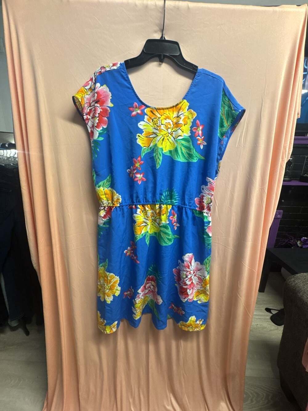Old Navy Women's Blue Tropical Floral Print Elastic Waist Cap Sleeve Dress